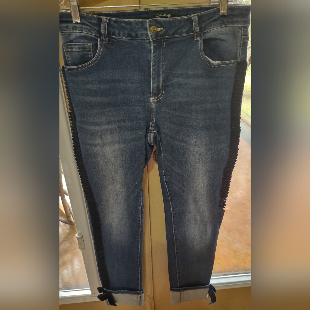 Charlie B Stretch Denim Pants with Velvet Detail & Bows